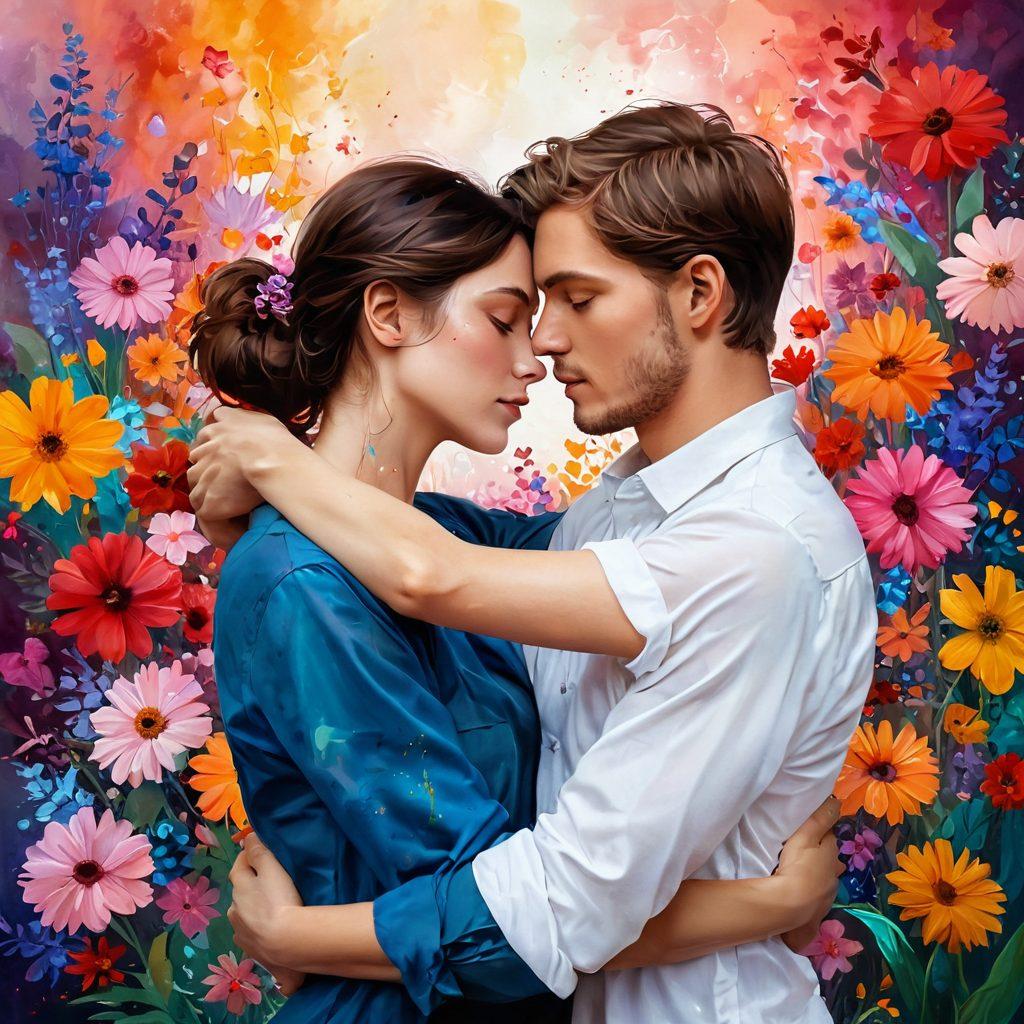 A romantic scene showcasing a couple in an embrace surrounded by vibrant flowers and delicate colors, with splashes of paint symbolizing creativity and passion. The background features an artistic blend of hearts and abstract shapes representing emotions, while soft light illuminates their faces, conveying warmth and tenderness. A nod to various art styles like impressionism and modern art. super-realistic. vibrant colors. painterly style.