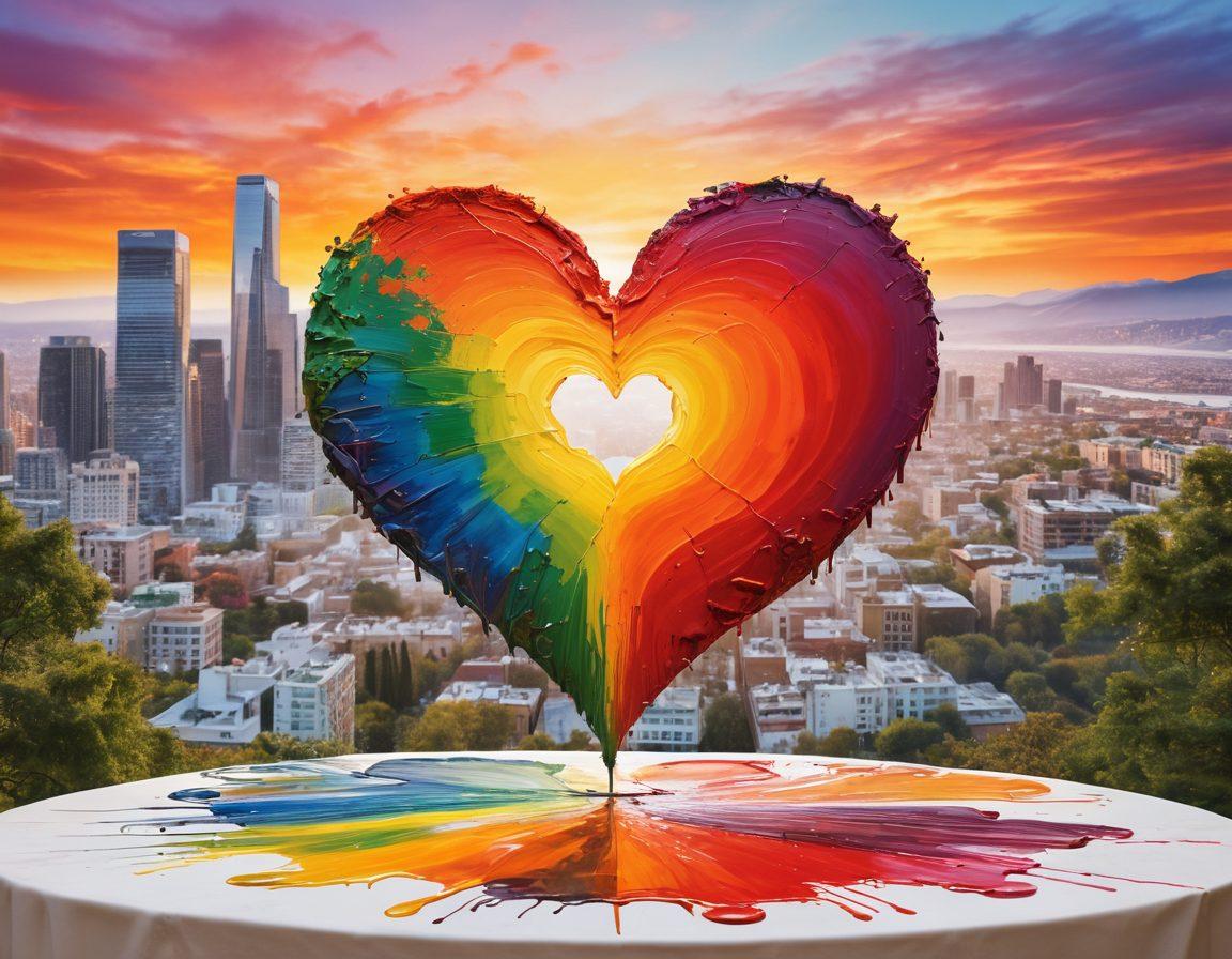 A large, heart-shaped canvas dripping with vibrant, colorful paint, symbolizing love and artistic expression. Surrounding the canvas, a diverse group of artists passionately sharing their creations, each representing unique styles and cultures. In the background, a cityscape blends into a serene nature scene, illustrating the connection between art and emotions. Soft light filters through, creating an inviting atmosphere. super-realistic. vibrant colors. warm tones.