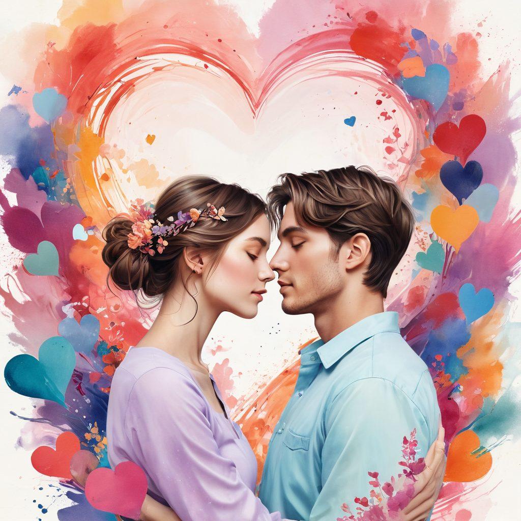 A whimsical illustration of a couple surrounded by floating hearts and colorful, swirling paint strokes symbolizing visual creativity in romance. The background features soft pastel shades and delicate flowers, enhancing the feeling of affection. The couple is lost in each other's eyes, with artistic elements like paintbrushes and color palettes subtly integrated into the scene. This artwork captures the essence of love and creativity. vibrant colors. dreamy style.